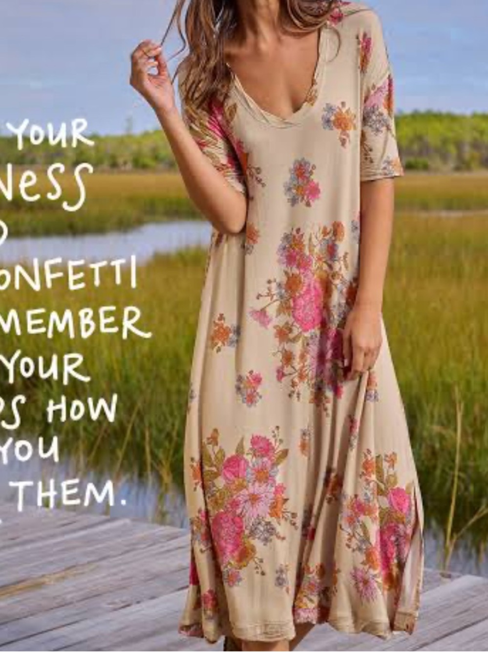 Natural Life Super Soft Jersey Floral Knit Midi Dress Tan Pink Beige Large